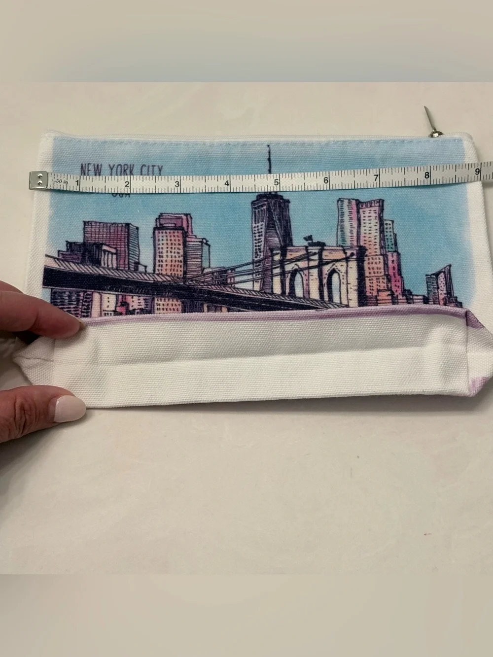 New York City Brooklyn Bridge Canvas Makeup Bag Mirror Zipper White 9x6